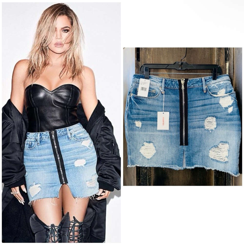 NWT Good American Distressed Blue Denim Exposed Zip Up Mini Skirt Sz10